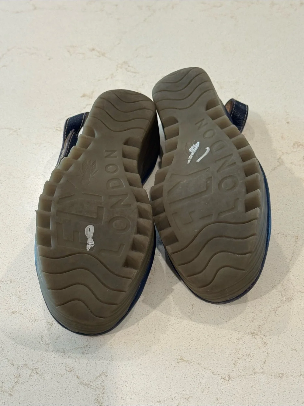 Fly London Navy Leather Wedge Sandals with Floral Insole